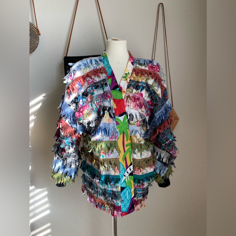 Vintage Paula Sweet Muslin Mink Fringe Floral Jacket, Size Small